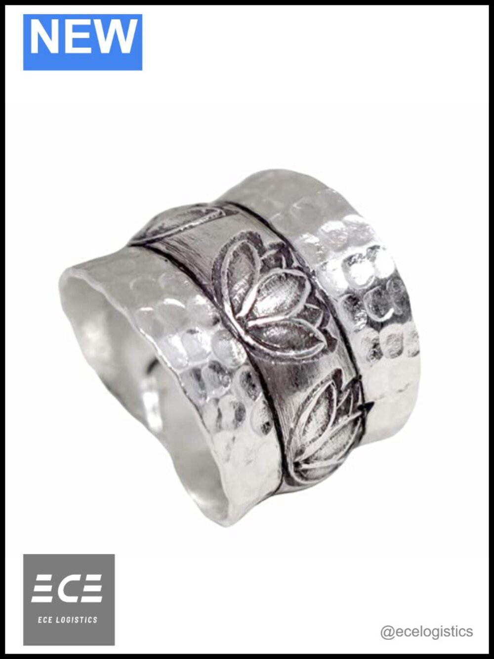 Sterling Silver Hammered Wide Band Lotus Ring Adjustable Zen Yoga